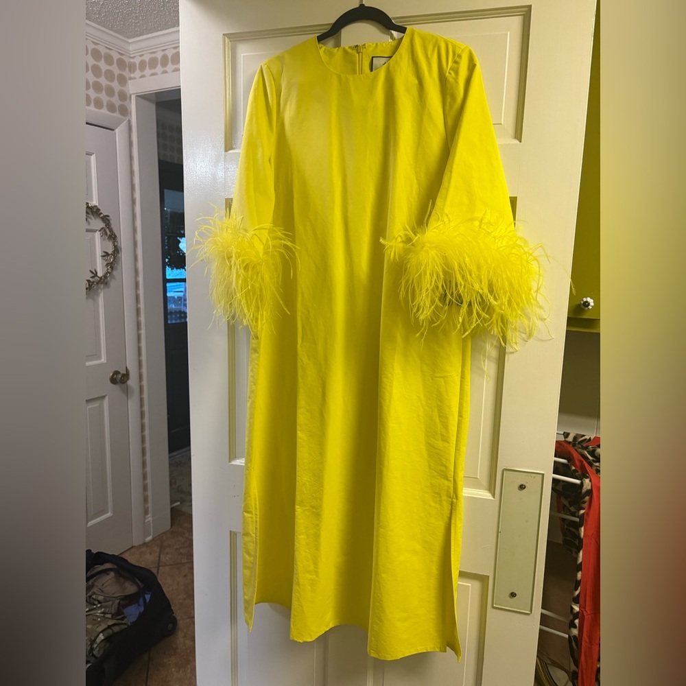 NWT Tuckernuck Citron Yellow Midi Jamie Dress w/ Maribou Ostrich Feather Cuffs